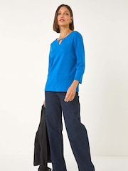 Roman Blue Trim Detail Keyhole 100% Cotton Stretch Top - Image 2 of 5