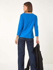 Roman Blue Trim Detail Keyhole 100% Cotton Stretch Top - Image 3 of 5