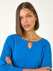 Roman Blue Trim Detail Keyhole 100% Cotton Stretch Top - Image 4 of 5