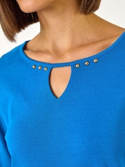 Roman Blue Trim Detail Keyhole 100% Cotton Stretch Top - Image 5 of 5