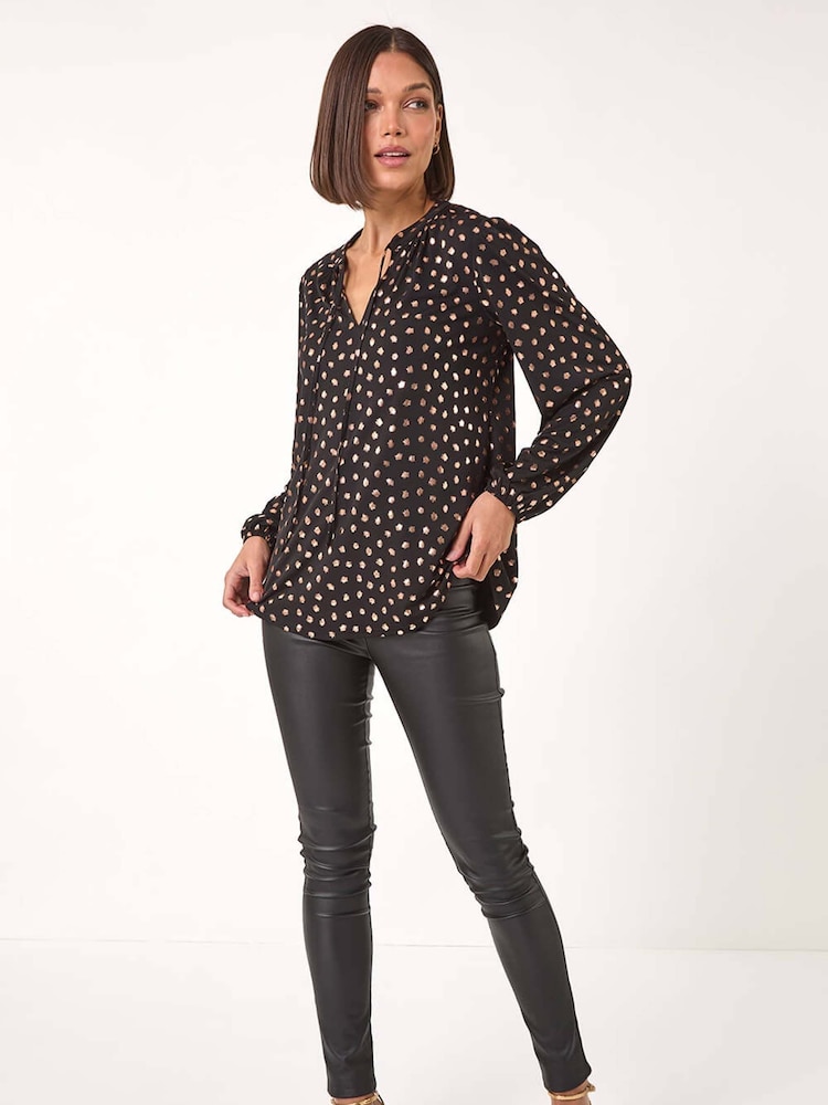 Roman Metallic Spot Print Foil Tie Neck Top - Image 2 of 5