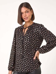 Roman Metallic Spot Print Foil Tie Neck Top - Image 4 of 5