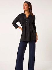 Roman Black Textured Pintuck Pleat Stretch Tunics Top - Image 2 of 5