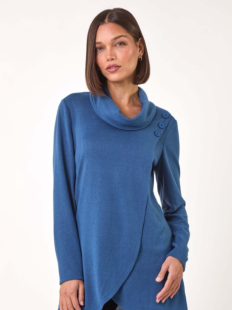 Roman Blue Wrap Front Cowl Neck Top - Image 1 of 5