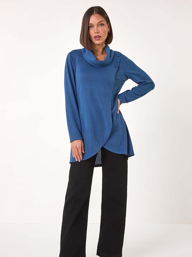 Roman Blue Wrap Front Cowl Neck Top - Image 2 of 5