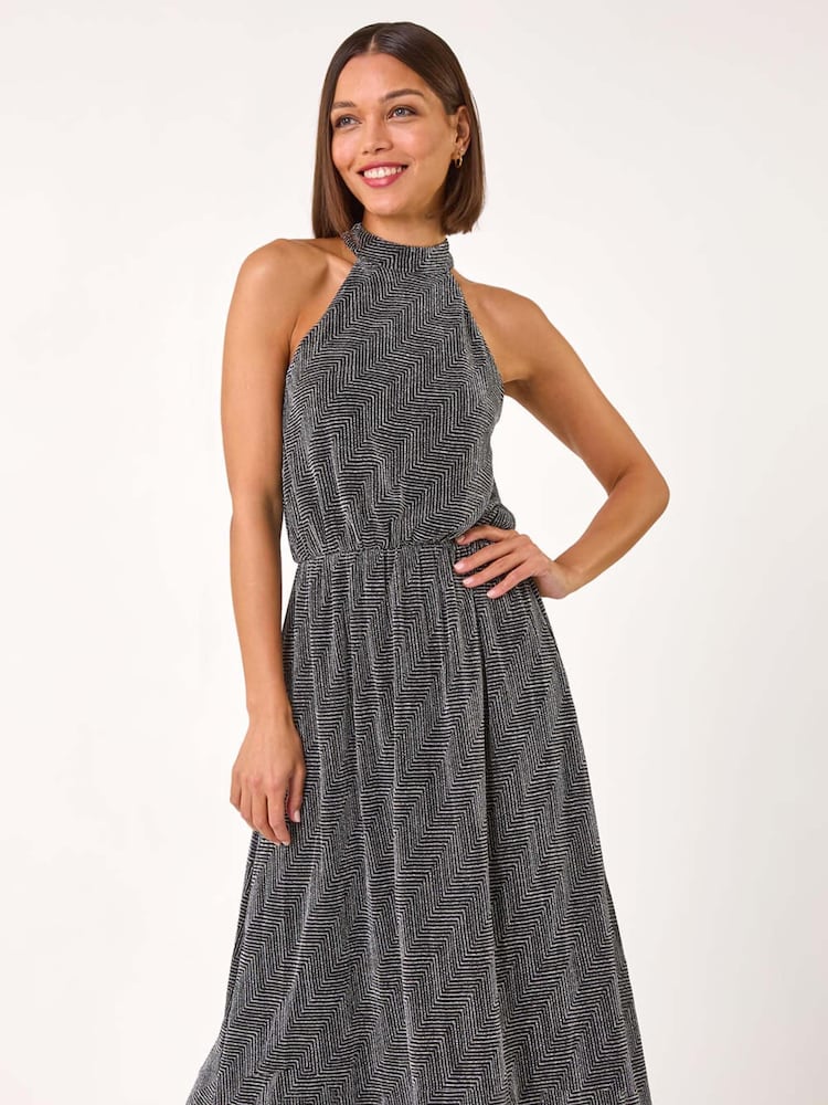 Roman Metallic Sparkle Halter Neck Stretch Midi Dress - Image 1 of 5