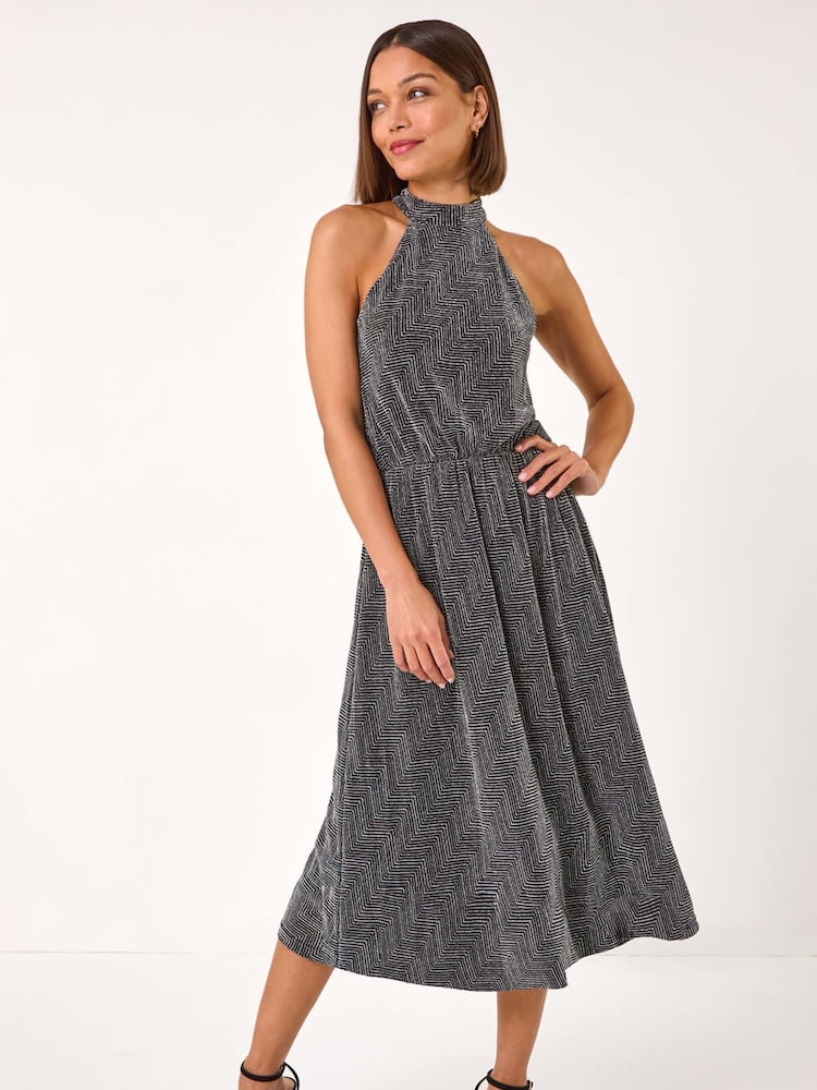 Roman Metallic Sparkle Halter Neck Stretch Midi Dress - Image 2 of 5