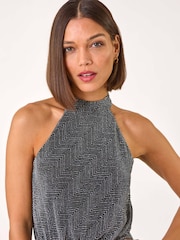 Roman Metallic Sparkle Halter Neck Stretch Midi Dress - Image 4 of 5