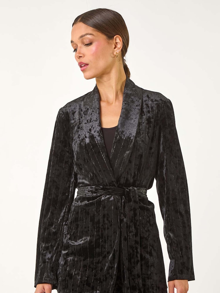 Roman Black Striped Velvet Tie Waist Jacket - Image 1 of 8