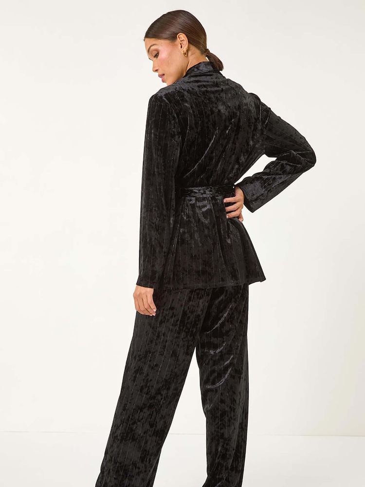 Roman Black Striped Velvet Tie Waist Jacket - Image 3 of 8
