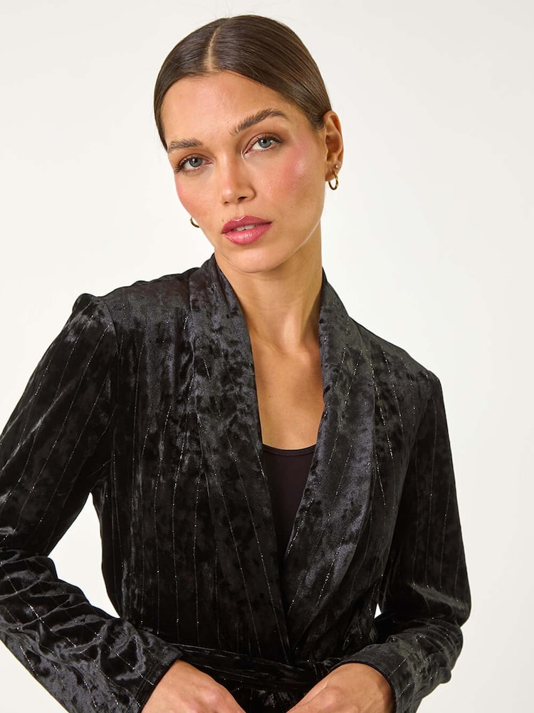 Roman Black Striped Velvet Tie Waist Jacket - Image 4 of 8