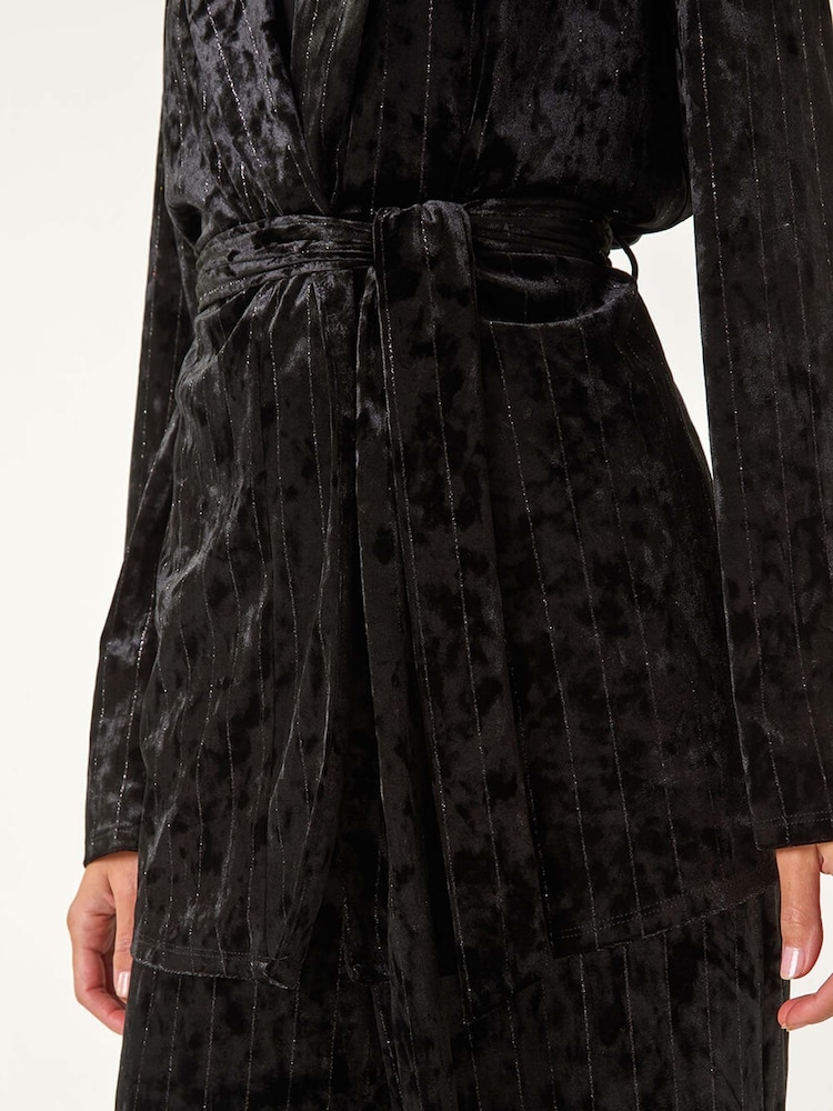 Roman Black Striped Velvet Tie Waist Jacket - Image 5 of 8