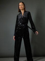 Roman Black Striped Velvet Tie Waist Jacket - Image 7 of 8