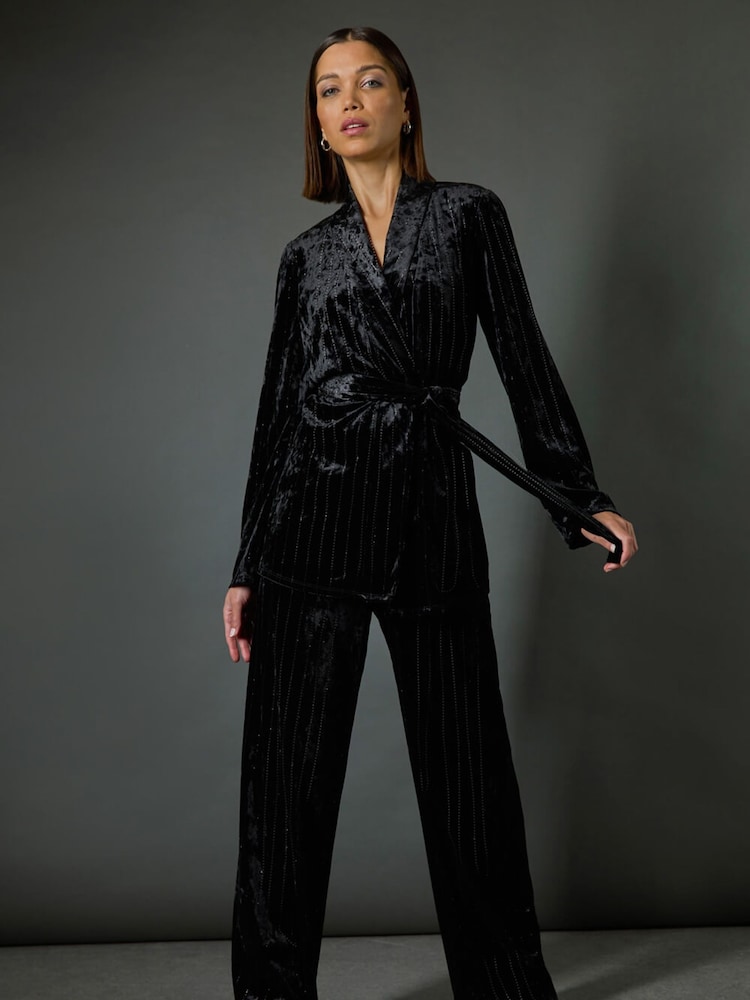 Roman Black Striped Velvet Tie Waist Jacket - Image 7 of 8