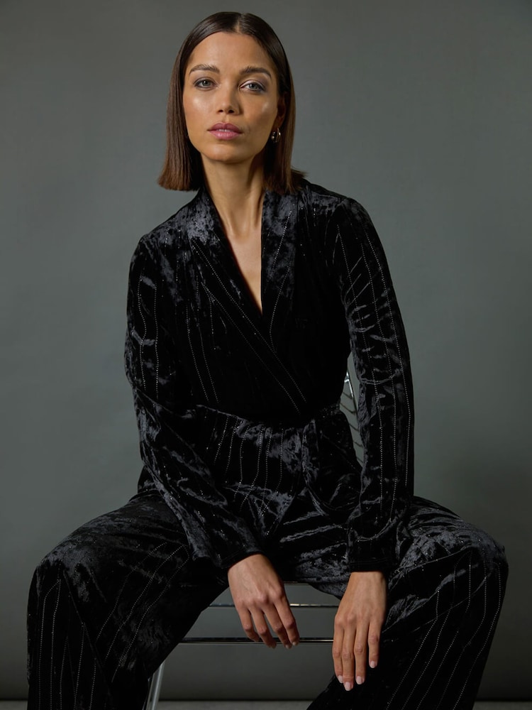 Roman Black Striped Velvet Tie Waist Jacket - Image 8 of 8