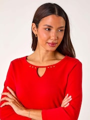 Roman Red Trim Detail Keyhole 100% Cotton Stretch Top - Image 1 of 5