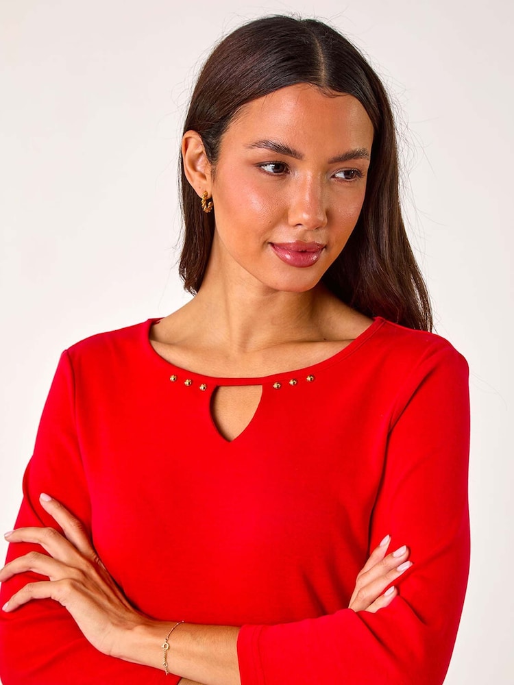 Roman Red Trim Detail Keyhole 100% Cotton Stretch Top - Image 1 of 5