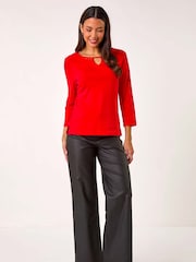 Roman Red Trim Detail Keyhole 100% Cotton Stretch Top - Image 2 of 5
