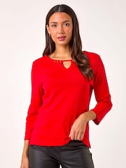 Roman Red Trim Detail Keyhole 100% Cotton Stretch Top - Image 4 of 5