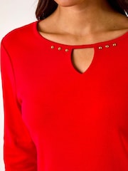 Roman Red Trim Detail Keyhole 100% Cotton Stretch Top - Image 5 of 5