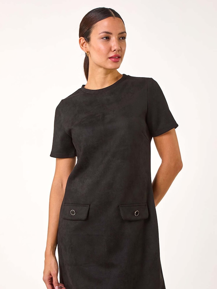 Roman Black Suedette Button Shift Stretch Dress - Image 1 of 5