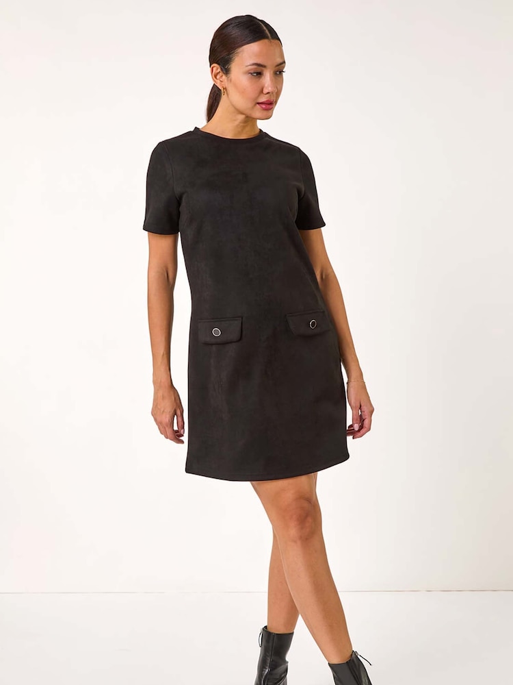 Roman Black Suedette Button Shift Stretch Dress - Image 2 of 5