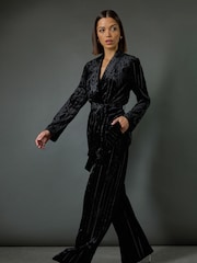 Roman Black Velvet Stripe Wide Leg Stretch Trousers - Image 2 of 8