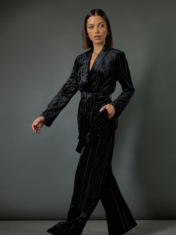 Roman Black Velvet Stripe Wide Leg Stretch Trousers - Image 2 of 8
