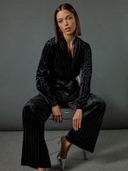 Roman Black Velvet Stripe Wide Leg Stretch Trousers - Image 3 of 8