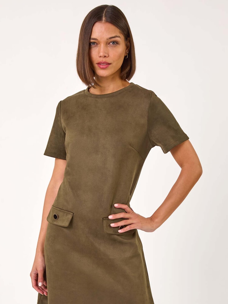Roman Green Suedette Button Shift Stretch Dress - Image 2 of 5