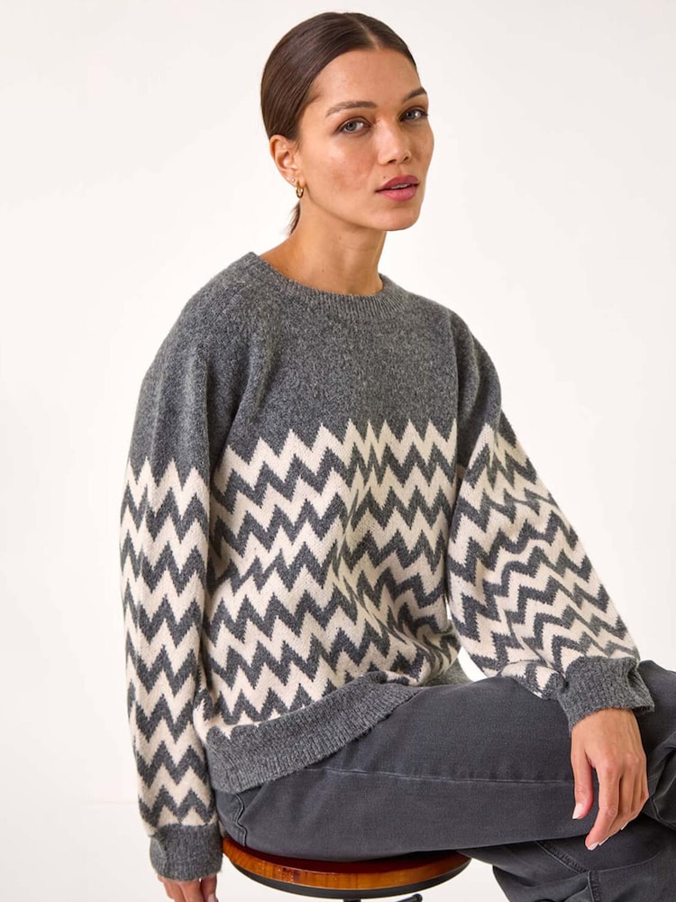 Roman Grey Zig Zag Knitted Jumper - Image 1 of 5