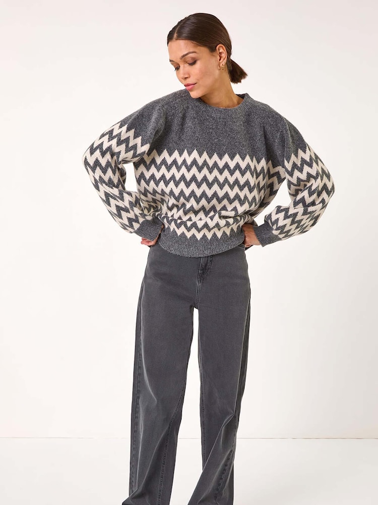 Roman Grey Zig Zag Knitted Jumper - Image 2 of 5