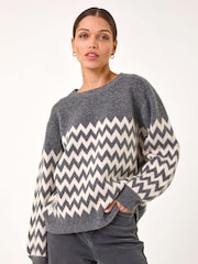 Roman Grey Zig Zag Knitted Jumper - Image 4 of 5
