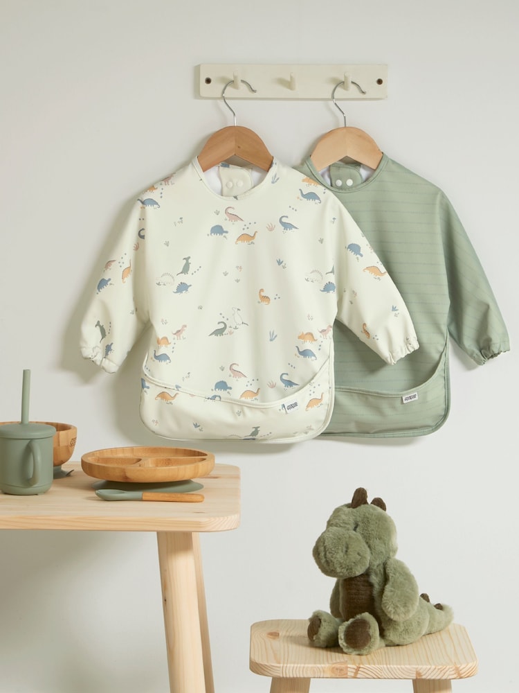 Mamas & Papas Dino Stripe 2 Pack Long Sleeve Messy Bib - Image 2 of 6