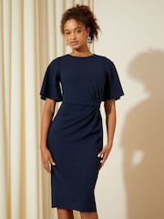 Friends Like These Navy Petite Flutter Sleeve Knot Waist Detail Midi Tailored Dress - Image 1 of 4