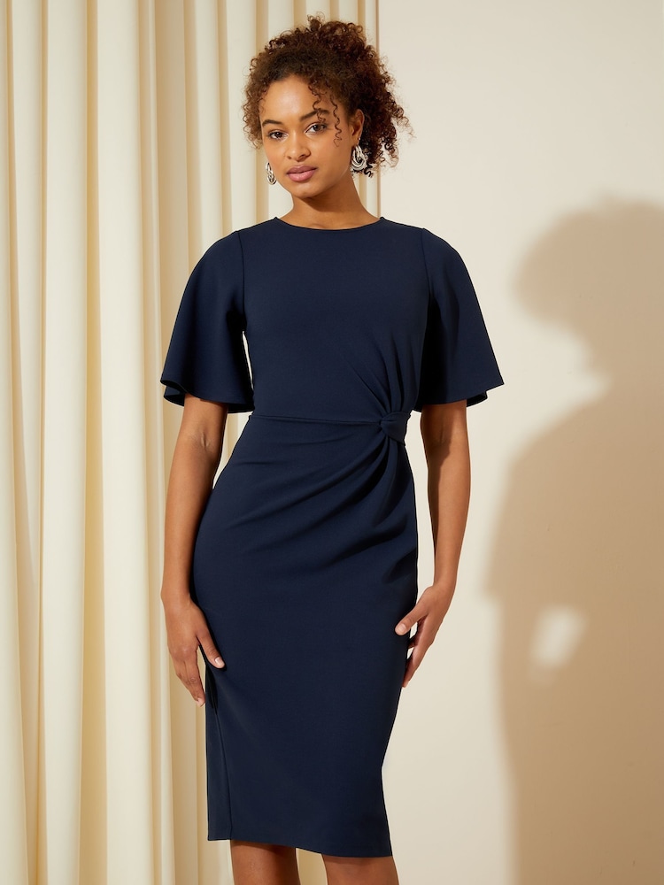Friends Like These Navy Petite Flutter Sleeve Knot Waist Detail Midi Tailored Dress - Image 1 of 4