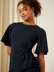 Friends Like These Navy Petite Flutter Sleeve Knot Waist Detail Midi Tailored Dress - Image 2 of 4