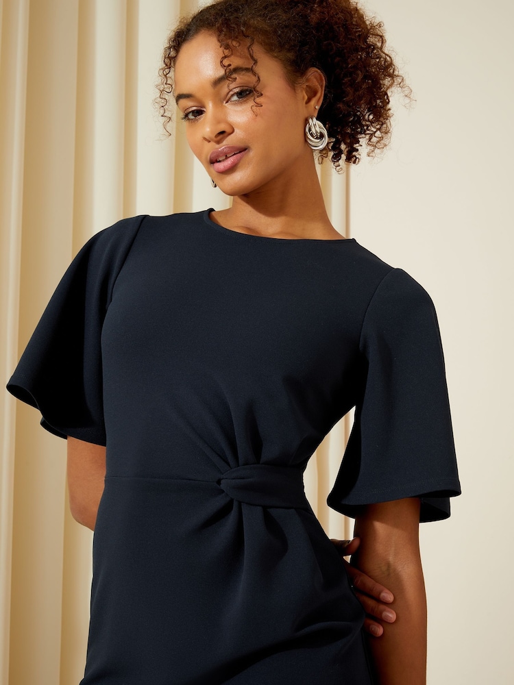 Friends Like These Navy Petite Flutter Sleeve Knot Waist Detail Midi Tailored Dress - Image 2 of 4