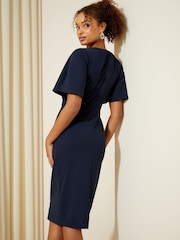 Friends Like These Navy Petite Flutter Sleeve Knot Waist Detail Midi Tailored Dress - Image 4 of 4