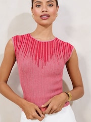 Rosa - Lipsy Sheer Yoke Metallic Sparkle Rib Short Sleeve Knit Top - Imagen 1 de 4