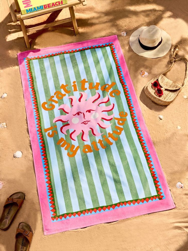 Eleanor Bowmer Multi Gratitude is My Attitude Slogan 100% Cotton Beach Towel - Image 1 of 3