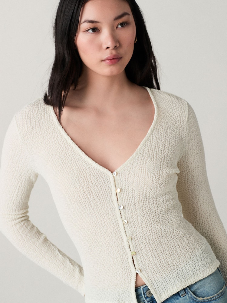 Ecru Textured Long Sleeve Button Through Cardigan - Image 1 of 3
