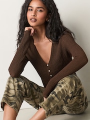 Chocolate Brown Textured Long Sleeve Button Through Cardigan - Image 1 of 7