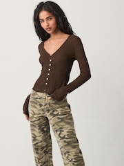 Chocolate Brown Textured Long Sleeve Button Through Cardigan - Image 2 of 7