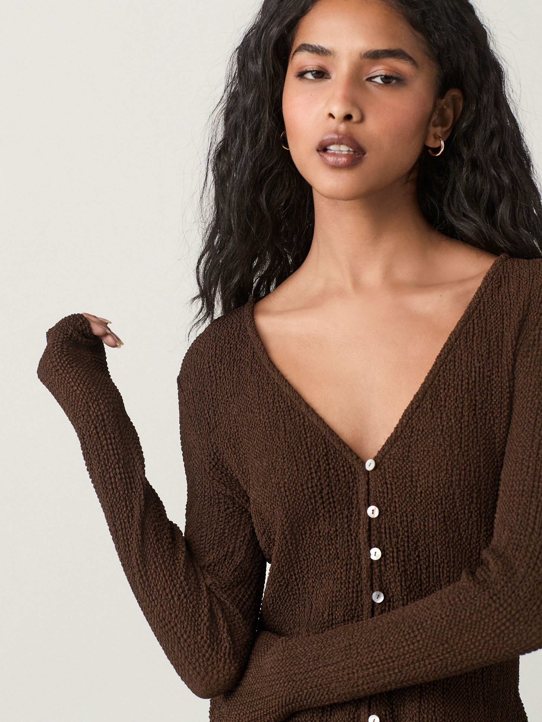 Buy Chocolate Brown Textured Long Sleeve Button Through Cardigan
