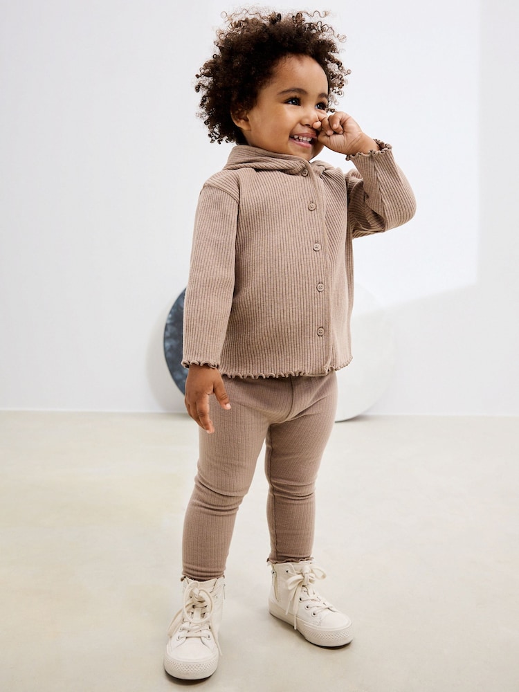 Brown Ribbed Hooded Cardigan and Leggings Set (3mths-7yrs) - Image 1 of 10