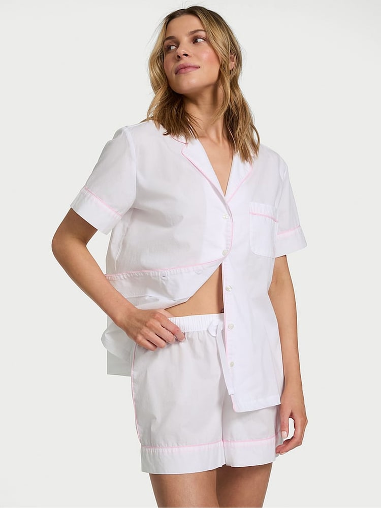 Victoria's Secret White With Pink Piping Cotton Short Pyjama Set - Image 1 of 2