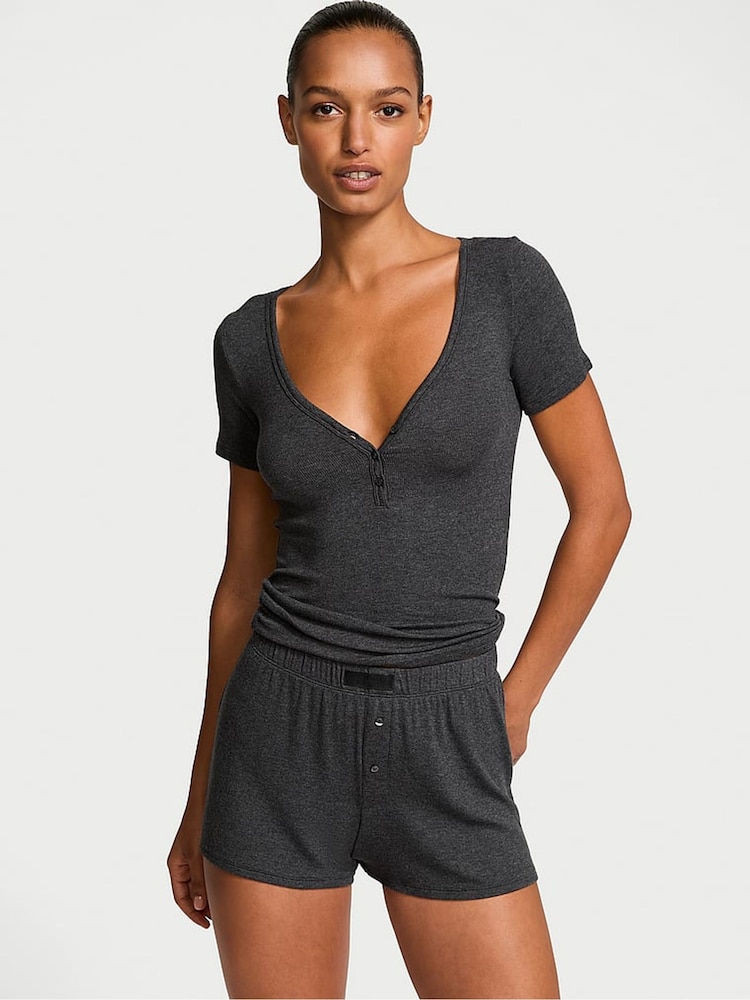 Victoria's Secret Heather Charcoal Grey Modal Rib Henley Short Sleeve Set - Image 1 of 3