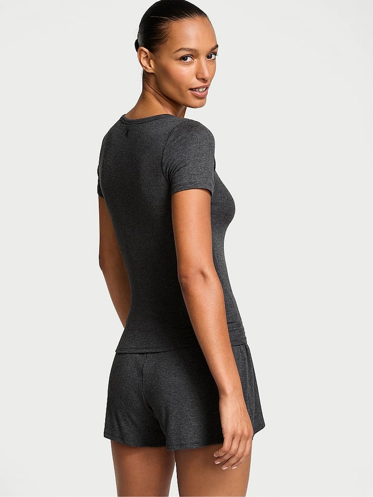 Victoria's Secret Heather Charcoal Grey Modal Rib Henley Short Sleeve Set - Image 2 of 3