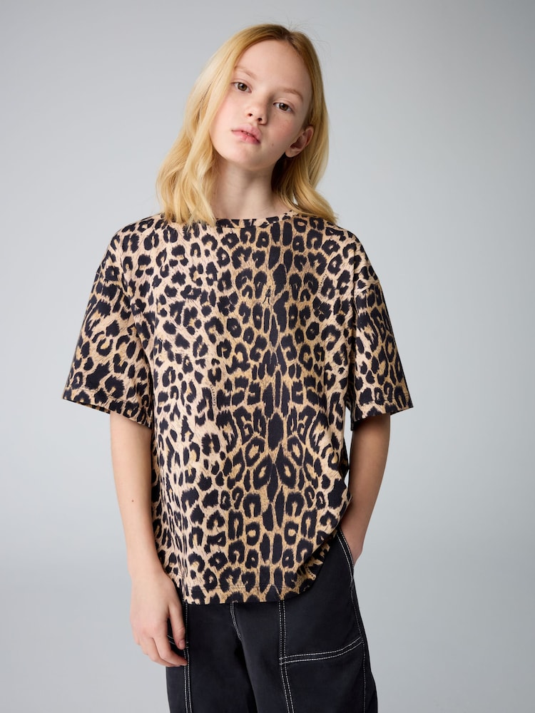smALLSAINTS Leopard Oversized Girls Crew 100% Cotton T-Shirt - Image 1 of 11